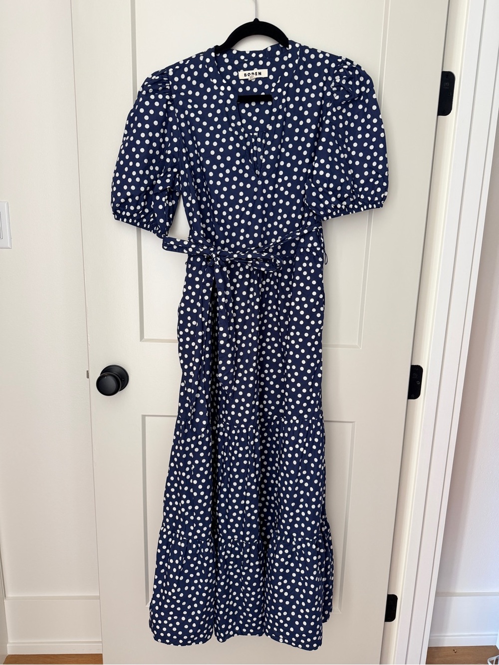 Boden Navy Polka Dot Midi Dress with Puff Sleeves